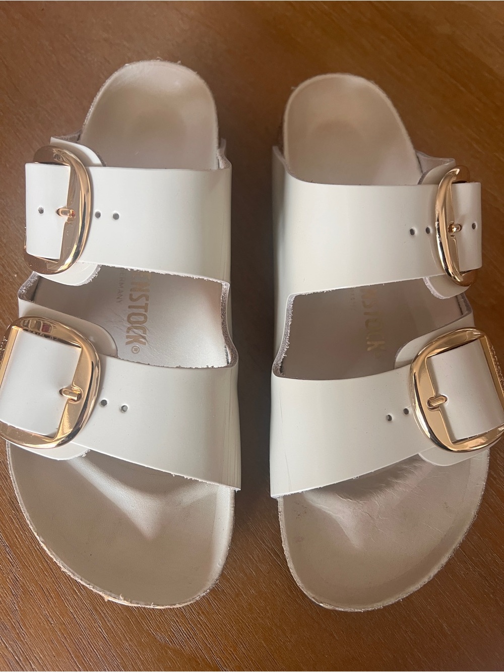 Birkenstock White Double-Strap Sandals with Gold Buckles - Picture 1 of 7